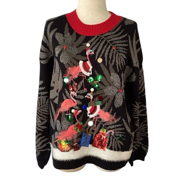 NWT 33 Degrees Ugly Christmas Sweater Flamingo Sequin Feathers Large - Picture 1 of 6